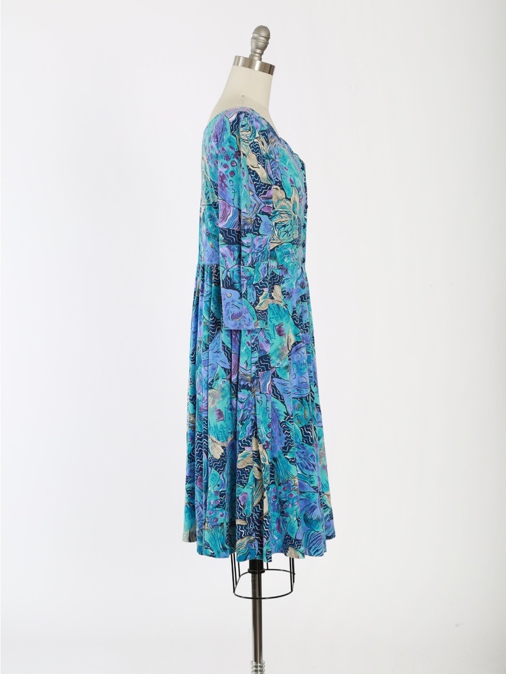 vintage 1980s Lanz Originals fish print midi blue purple dress size large - Picture 10 of 12